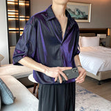 Aidase Men Shiny Design Casual Shirt Trendy Handsome Shirts Fashion Loose Half Sleeve Tops Korean Style Personality Clothing