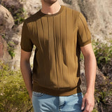 AIDASE  -  New Fashion Mens Solid Color Slim T Shirts Knitted Short Sleeve O Neck Jumper Top Men Summer Trendy Striped Crochet Knit T-shirt aidase-shop