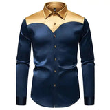 AIDASE  -  New Men's Satin Smooth Color Long Sleeved Shirt Contrast Color Patchwork Single Breast Male Tops aidase-shop
