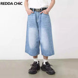 Aidase Retro Blue Brushed Denim Shorts Men Distressed Whiskers Wide Leg Pants Frayed Baggy Jeans Jorts Korean Y2k Streetwear