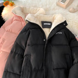 AIDASE  -  Hiphop Down Padded Jacket for Female Couples Cotton Jacket Added Velvet Winter New Stand Up Collar Bread Coat Unisex Letter Top aidase-shop