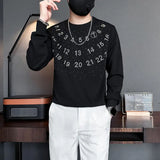 Aidase Fashion O-Neck Casual Digital Diamonds T-Shirts Men's Clothing 2025 Spring New Loose Long Sleeve All-match Tops Korean Tee Shirt