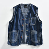 AIDASE  -  Washed Sleeveless Denim Vest Men Multi Pocket Workwear Gilet Loose Casual Jean Waistcoat Daily Outdoor Layering Outer Coat aidase-shop