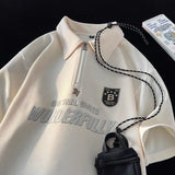 Aidase American Retro Waffle Polo Shirt for Men and Women with Personalized Letter Print Short Sleeved Trendy Loose Casual T-shirt aidase-shop