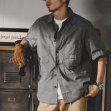 Aidase Shirts for Men with Pocket Japanese Vintage Man Shirt Yellow Short Sleeve Cargo Elegant Collar Cheap Brand Korean Style I Casual