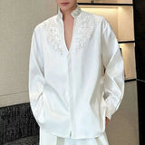 AIDASE  -  Pearl Flower Design Men's Shirts Stand Collar Diamond Solid Color Long Sleeve Cloth Loose Covered Button Male Tops aidase-shop