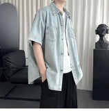AIDASE  -  Men's Denim Short Sleeve Shirt Inverted Pocket Decoration Short Sleeve Single-breasted Male Shirts Fashion Menswear 21E6523 aidase-shop