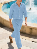 AIDASE  -  Trendy Solid Color Linen Sets Mens Long Sleeve Buttoned Lapel Shirt And Pants Linen Two Pieces Suits Autumn Men's Casual Outfits aidase-shop