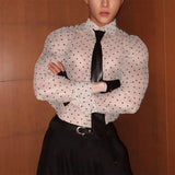 AIDASE  -  Men Shirt Polka Dot Printing Lapel Long Sleeve Button Men Clothing Mesh See Through Loose Fashion Male Shirts Streetwear aidase-shop