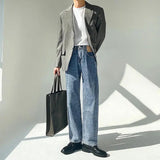 AIDASE  -  Minimalist Style High-end Jeans Men's Trousers Solid Color Loose Straight Denim Pants Male Draped Dark Blue Trousers