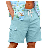 AIDASE  -  Men's Cotton Linen Cargo Shorts Elastic Waist With Drawstring 6 Pockets Summer Vacation Casual Men's Stretch Shorts aidase-shop