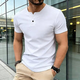 AIDASE  -  Men's Henley Shirt Short Sleeve Casual Solid Color Button Detail Breathable Summer Tee aidase-shop
