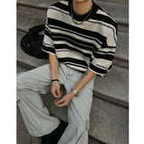 AIDASE  -  Men Black White Stripe Tshirt Man Loose Fit O Neck Casual Streetwear Fashion Soft Cotton Relaxed Summer Tee Shirt Striped Top aidase-shop