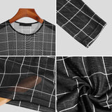 Aidase Plaid Print Mesh T Shirts Men Slim Fit Long Seeve O-neck Tee Tops Summer Casual Mens Perspective Tight T-shirt Streetwear