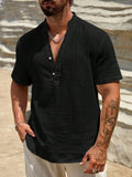 AIDASE  -  Men's Linen Blend Henley Shirt Short Sleeve V Neck Casual Summer Beach Top aidase-shop