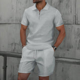 AIDASE  -  Summer Men Suits Solid Color Waffle Lapel Slim-Fit Casual Fashion Zip-Up Short Sleeve Shirts Suit Shorts Two Sets aidase-shop