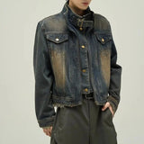 AIDASE  -  Short Japanese Distressed Denim Jacket Men Women Retro Fake Two-piece Double Necked Jackets High Street Wide Shoulder Jean Coats