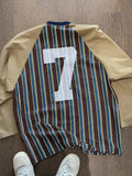 AIDASE  -  Plus Size Men's Autumn Long-sleeved shirt Korean Style Retro All-match Letter Print Striped Patchwork Raglan Sleeve V-neck Top aidase-shop