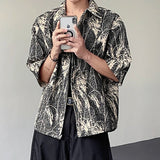 AIDASE  -  Reed Double-sided Men's Shirt Jacquard Texture Pattern Decoration Single-breasted Short Sleeved Lapel Casual Tops