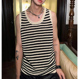 Summer New Niche Knitted Hollow Striped Vest Men Spaghetti Straps O-Neck Casual Loose Retro Couple Knit Sweater Vest aidase-shop