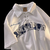 25.4Aidase American Retro Personalized Lapel Tie Short Sleeved Men and Women Summer Street Loose Hip-hop Letter Graphic T-shirt Top Y2k aidase-shop