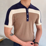 Aidase Men's Business Slim-fit Knit Polo Shirt Light Luxury Leisure Button-down Short Sleeve Shirts Breathable Patchwork Knitwear M-3XL