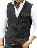 Aidase  Men's Vests Business Suit Vest Herringbone Tweed V Neck Formal Waistcoat For Wedding Suit Or Tuxedo Men Vest aidase-shop