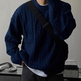 AIDASE  -  Men's Knitting Sweater Spring Autumn 0-neck Long Sleeve Knit Sweater Dark Blue Hemp Pattern Drop Shoulder Thicken Pullover aidase-shop