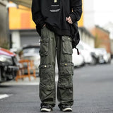 Aidase Men's Multi-pockets Cargo Pants Autumn Vintage Solid Color Hiphop Overalls Baggy Casual High Street Mopping Trousers