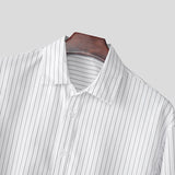 AIDASE  -  Tops 2025 Korean Style Men's Casual Simple Striped Cropped Shirt Fashion Streetwear Male Hot Selling Long Sleeved Blouse aidase-shop