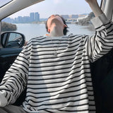 AIDASE  -  Loose Casual Long Sve round Ne T-irt for Teens Autumn New Stripe Couple Base irt Trendy Breathable Polyester Fiber aidase-shop