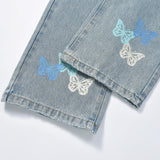 Aidase American Streetwear Butterfly Printed Straight Leg Jeans Man Hip Hop Splashed Ink Blue Jeans Y2k Slim Jeans Men 2024 Fashion aidase-shop