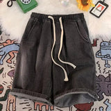AIDASE  -  Men's Casual Elastic Waist Drawstring Denim Shorts Loose Fit Rolled Hem Summer Jeans Shorts aidase-shop