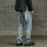 AIDASE  -  American New Fashion Men's Washed Blue Solid Color Casual Trendy Wide Leg Straight Loose Spliced Denim Cargo Trousers Male Pants aidase-shop