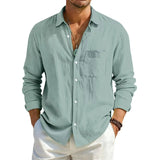 AIDASE  -  Men's Linen Texture Long Sleeve Shirt Light Blue Casual Button Down Shirts with Pocket Summer Old Money Style Breathable Tops aidase-shop