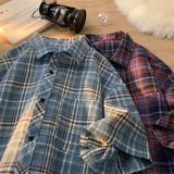 25.11Aidase Checkered Short Sleeved Shirt for Men and Women Summer New Retro Loose Half Sleeved Lining American Trend Hip-hop Loose Casual aidase-shop