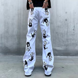 AIDASE  -  Men Palm Print Jeans White Denim Boot Cut Pants Fashion Flared Trousers with Chain aidase-shop