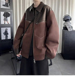AIDASE  -  Trend Men's Jacket PU Leather Faux Suede Patchwork Design Contrast Color Casual Long Sleeve Lapel Male Coat Tide 21E7100 aidase-shop