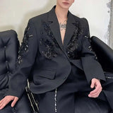 AIDASE  -  Men's Blazers Lapel Solid Color Three-dimensional Embroidery Flowers Sequins Design Loose Suit Jackets Personalized aidase-shop