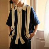 Aidase  Men Trendy Japanese Style Vintage Striped Patchwork Button Down Shirt New Summer Youth Harajuku Y2K Short Sleeve Loose Tops aidase-shop