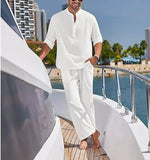 AIDASE  -  Men's Cotton and Linen Shirt Long Pants Two-piece Set Fashionable Henry Collar Long Sleeved Shirt Casual Vacation Beach Pants aidase-shop