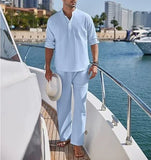 AIDASE  -  Men's Cotton and Linen Shirt Long Pants Two-piece Set Fashionable Henry Collar Long Sleeved Shirt Casual Vacation Beach Pants aidase-shop