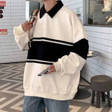 AIDASE  -  Lapel Long Sleeved Men's Sports Shirt Contrasting Color Splicing Male Pullover Shirt Loose American Retro Top aidase-shop