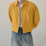 AIDASE  -  Men Casual Shirt Solid Color Lapel Long Sleeve Button Men Clothing Streetwear Loose 2025 Fashion Male Crop Tops Shirts