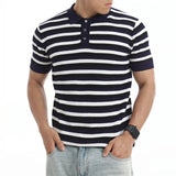 AIDASE  -  New Arrival Men's Striped Knitted Polo Shirt Short Sleeve Lapel Button Casual Breathable Slim Fit Daily Wear Business Top aidase-shop