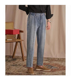 AIDASE  -  Vintage Cotton Men Jeans Suit Pants Elastic High Waisted Straight Trousers British Business Style  Casual Naples Denim Pant aidase-shop