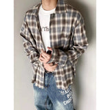 AIDASE  -  Retro Japanese Plaid Long Sleeve Loose Fit Collared Shirt for Men And Women Spring Autumn Trendy Brand Casual Outerwear aidase-shop