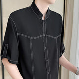 AIDASE  -  Summer New Stand Up Ice Silk Men's Mid Sleeved Shirt Solid Color Stand Collar Male Tops New Korea Fashion aidase-shop