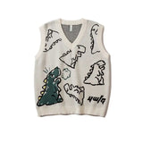 AIDASE  -  Retro Cartoon Graphic DesignJacquard V-neck Knit Sweater Vest Men Loose Harajuku Casual Sweater Vest Pullover Top Streetwear aidase-shop