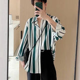 AIDASE  -  Green Striped Shirt Men Long-sleeve Blouse Handsome Hong Kong Style Print Blouse Streetwear Loose Spring Autumn Jacket aidase-shop